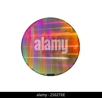 Bunte Halbleiter-Wafer-Scheibe aus Silizium isoliert auf weißem Hintergrund Stockfoto