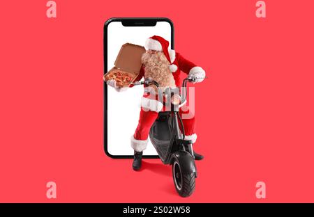 Santa Claus mit leckerer Pizzabäder und großem Smartphone auf rotem Hintergrund Stockfoto