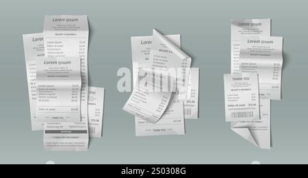 Rechnungsbelege in Papierform – verteilte Zahlungsbelege mit Preisen, Barcodes und Transaktionsdetails. Thermisch bedruckte Belege in Haufen – verschiedene Formate für den Einzelhandel, Restaurants oder Service-Checkout. Stock Vektor