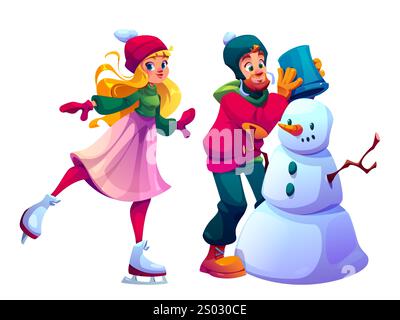 Cartoon-Winterszene mit Mädchen Schlittschuhlaufen, bärtigen Mann, der Eimer auf weißen Schneemannkopf legt. Fröhliche Charaktere in warmen, bunten Kleidern zu Fuß gehen und Spaß während der Weihnachtsferien haben Stock Vektor