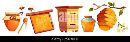 Bienenstock- und Bienenstockausrüstungsset - Glasglas mit süßem Produkt, Wabenrahmen, Holzkiste, Keramiktopf und natürliches Nest auf Ast mit Bienen, die darüber fliegen. Landwirtschaft und landwirtschaftliche visuelle Elemente. Stock Vektor