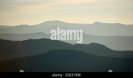 Faszinierende Aussicht auf mehrschichtige Bergketten in sanften Grün- und Grautönen, die ein Gefühl von Tiefe und Ruhe unter einem subtilen, nebeligen Himmel schaffen. Stockfoto