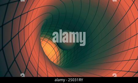 Ein lebendiger und farbenfroher 3D-Tunnel mit einer faszinierenden Kugel und komplizierten Rasterlinien. Design Stockfoto