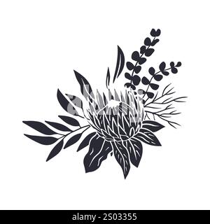 Schwarze Silhouette von tropischen Protea-Blumen und Blättern Bouquet Stock Vektor