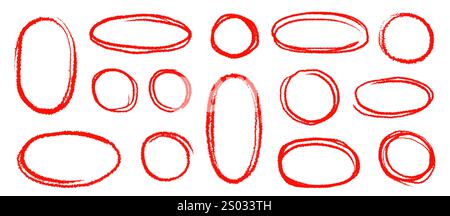 Handgezeichneter roter Hervorhebung, ovaler Rahmen. Doodle Buntstift, Markierpinsel streichen oval Unterstrich Element Pack. Handgezeichneter Bleistiftstrich Skizze Markierer Vektor Illustration Stock Vektor