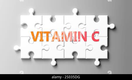 Vitamin C als komplexes Thema, bezogen auf wichtige Themen, die sich als Wortwolke verbreiten. Stockfoto