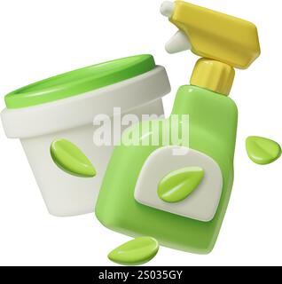Umweltfreundliche Reinigungsprodukte 3D Icon mit natürlichen organischen Reinigungsmitteln Flasche mit grünen Blättern Stock Vektor