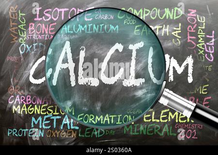 Calcium wird untersucht, untersucht - unter genauer Kontrolle. Die wichtigsten Themen und Ideen, die eng mit Kalzium zusammenhängen, sind auf einer Tafelinspektion geschrieben Stockfoto