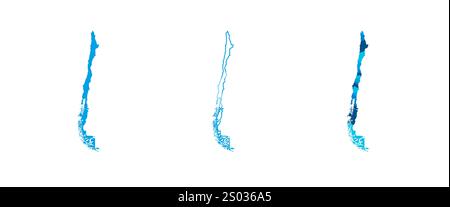 Chile Set aus drei Karten – durchgehende Karte, Umrisskarte und Karte mit den administrativen Abteilungen. Drei unterschiedliche Karten zeigen verschiedene Darstellungen eines geografischen Gebiets. Stock Vektor