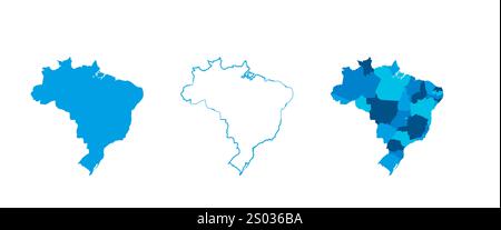 Brasilien Set aus drei Karten – durchgehende Karte, Umrisskarte und Karte mit den administrativen Abteilungen. Drei unterschiedliche Karten zeigen verschiedene Darstellungen eines geografischen Gebiets. Stock Vektor