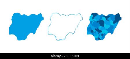 Nigeria Set aus drei Karten – durchgehende Karte, Umrisskarte und Karte mit den administrativen Abteilungen. Drei unterschiedliche Karten zeigen verschiedene Darstellungen eines geografischen Gebiets. Stock Vektor