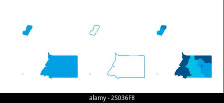 Äquatorialguinea Satz von drei Karten - Vollkarte, Umrisskarte und Karte mit den administrativen Abteilungen. Drei unterschiedliche Karten zeigen verschiedene Darstellungen eines geografischen Gebiets. Stock Vektor