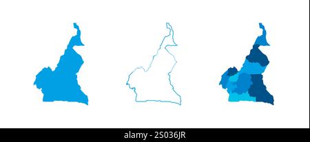 Kamerun Set aus drei Karten – durchgehende Karte, Umrisskarte und Karte mit den administrativen Abteilungen. Drei unterschiedliche Karten zeigen verschiedene Darstellungen eines geografischen Gebiets. Stock Vektor