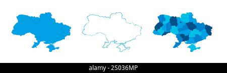 Ukraine-Satz von drei Karten – durchgehende Karte, Umrisskarte und Karte mit den Verwaltungsbereichen. Drei unterschiedliche Karten zeigen verschiedene Darstellungen eines geografischen Gebiets. Stock Vektor