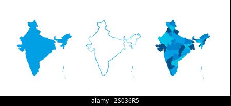Indien Set aus drei Karten – durchgehende Karte, Umrisskarte und Karte mit den Verwaltungsbereichen. Drei unterschiedliche Karten zeigen verschiedene Darstellungen eines geografischen Gebiets. Stock Vektor