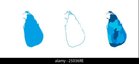 Sri Lanka Set aus drei Karten – durchgehende Karte, Umrisskarte und Karte mit den Verwaltungsbereichen. Drei unterschiedliche Karten zeigen verschiedene Darstellungen eines geografischen Gebiets. Stock Vektor