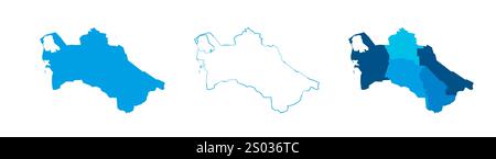 Turkmenistan Set aus drei Karten – durchgehende Karte, Umrisskarte und Karte mit den Verwaltungsbereichen. Drei unterschiedliche Karten zeigen verschiedene Darstellungen eines geografischen Gebiets. Stock Vektor