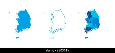 Südkorea Set aus drei Karten: Durchgehende Karte, Umrisskarte und Karte mit den Verwaltungsbereichen. Drei unterschiedliche Karten zeigen verschiedene Darstellungen eines geografischen Gebiets. Stock Vektor