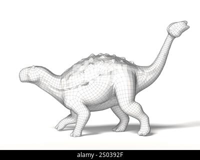 Ein weißes Drahtmodellmodell eines Ankylosaurs mit klaren geometrischen Formen und glatten Konturen auf weißem Hintergrund. 3D-Rendering Stockfoto