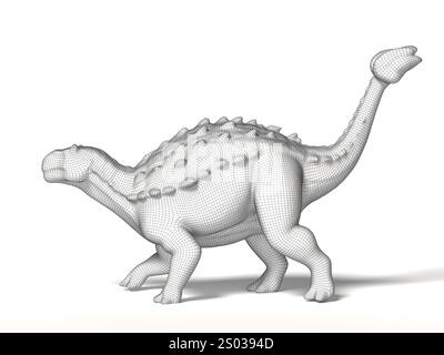 Ein weißes Drahtmodellmodell eines Ankylosaurs mit klaren geometrischen Formen und glatten Konturen auf weißem Hintergrund. 3D-Rendering Stockfoto
