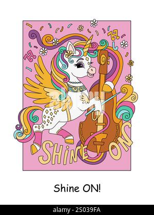 Ein wunderschönes Einhorn, das Geige spielt. Vektorfarbe Karikaturillustration auf weißem Hintergrund. Lineare Zeichnung. Für Design, Drucke, Poster, Aufkleber, Puzz Stock Vektor