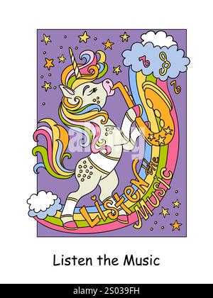 Ein romantisches Einhorn, das Saxophon spielt. Kinder Malbuch Seite. Vektor-Zeichentrickillustration auf weißem Hintergrund. Lineare Zeichnung. Für Farben, Ausdrucke, Stock Vektor