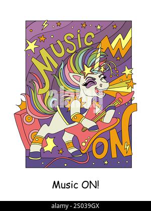 Ein cooles Einhorn mit E-Gitarre singt Rockmusik. Vektorfarbe Karikaturillustration auf weißem Hintergrund. Lineare Zeichnung. Für Design, Farben, Stock Vektor