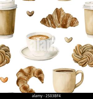 Kaffee, Teetassen und frisches Backwarendessert. Heiße Getränke und Gebäck. Nahtloses Aquarellmuster auf weißem Hintergrund für Bäckerei-Café-Design, k Stockfoto