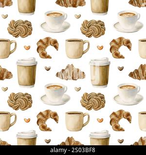 Kaffee, Teetassen und frisches Backwarendessert. Heiße Getränke und Gebäck. Nahtloses Aquarellmuster auf weißem Hintergrund für Bäckerei-Café-Design, k Stockfoto
