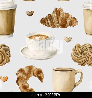 Kaffee, Teetassen und frisches Backwarendessert. Heiße Getränke und Gebäck. Nahtloses Aquarellmuster auf hellblauem Hintergrund für Bäckerei Coffee Shop Desi Stockfoto