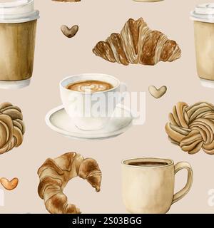 Kaffee, Teetassen und frisches Backwarendessert. Heiße Getränke und Gebäck. Nahtloses Aquarellmuster auf beigefarbenem Hintergrund für Bäckerei-Café-Design, k Stockfoto