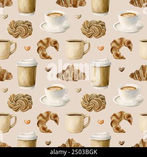 Kaffee, Teetassen und frisches Backwarendessert. Heiße Getränke und Gebäck. Nahtloses Aquarellmuster auf beigefarbenem Hintergrund für Bäckerei-Café-Design, k Stockfoto
