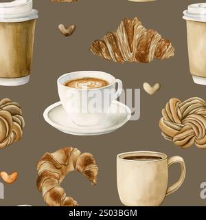Kaffee, Teetassen und frisches Backwarendessert. Heiße Getränke und Gebäck. Nahtloses Aquarellmuster auf braunem Hintergrund für Bäckerei-Café-Design, k Stockfoto