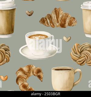 Kaffee, Teetassen und frisches Backwarendessert. Heiße Getränke und Gebäck. Nahtloses Aquarellmuster auf salbeigrünem Hintergrund für Bäckerei Coffee Shop Desi Stockfoto