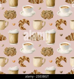 Kaffee, Teetassen und frisches Backwarendessert. Heiße Getränke und Gebäck. Nahtloses Aquarellmuster auf blassrosa Hintergrund für Bäckerei Coffee Shop Desig Stockfoto