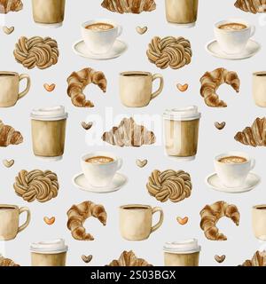Kaffee, Teetassen und frisches Backwarendessert. Heiße Getränke und Gebäck. Nahtloses Aquarellmuster auf hellblauem Hintergrund für Bäckerei Coffee Shop Desi Stockfoto