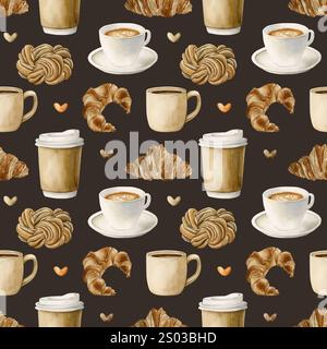 Kaffee, Teetassen und frisches Backwarendessert. Heiße Getränke und Gebäck. Nahtloses Aquarellmuster auf dunkelschwarzem Hintergrund für Bäckerei-Café-Desi Stockfoto
