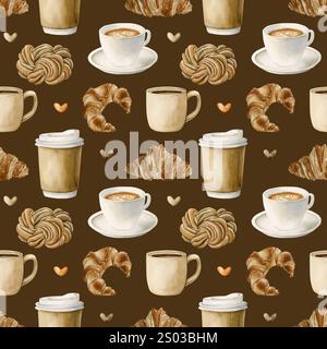 Kaffee, Teetassen und frisches Backwarendessert. Heiße Getränke und Gebäck. Nahtloses Aquarellmuster auf dunkelbraunem Hintergrund für Bäckerei Coffee Shop Desi Stockfoto
