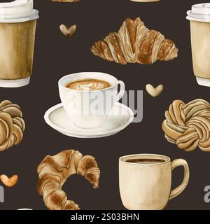 Kaffee, Teetassen und frisches Backwarendessert. Heiße Getränke und Gebäck. Nahtloses Aquarellmuster auf dunkelschwarzem Hintergrund für Bäckerei-Café-Desi Stockfoto