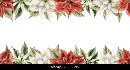 Poinsettienblumen-Rahmen. Traditionelle Weihnachtsdekoration. Aquarell handgezeichnet isolierte Vintage Blumenkunstillustration für Weihnachtsgewinn Stockfoto