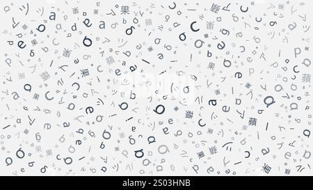 Verschiedene bunte zufällig platzierte, zufällige und orientierte Mischung aus lateinischen Buchstaben und Symbolen, Zeichen asiatischer Sprachen - Muster, Textur, Design Stock Vektor