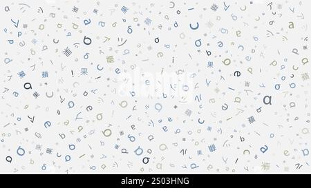 Verschiedene bunte zufällig platzierte, zufällige und orientierte Mischung aus lateinischen Buchstaben und Symbolen, Zeichen asiatischer Sprachen - Muster, Textur, Backgr Stock Vektor