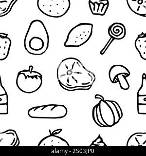 Nahtloses Muster mit Lebensmittelsymbolen. Doodle nahtlose Essenshintergründe Stockfoto