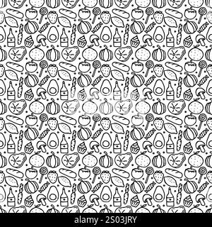 Nahtloses Muster mit Lebensmittelsymbolen. Doodle nahtlose Essenshintergründe Stockfoto