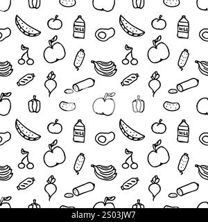 Nahtloses Muster mit Lebensmittelsymbolen. Doodle nahtlose Essenshintergründe Stockfoto