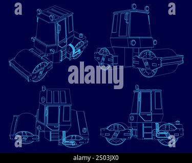 Satz Konturdampfwalze für Asphaltbelag. Rollwagen für Straßenarbeit. Asphaltiermaschine 3D isometrische Konstruktion. Verbesserung des Straßenbelags auf der Autobahn Stock Vektor