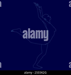 Die Frau spielt eine Gymnastik-Pose auf blauem Hintergrund. Die Pose ist anmutig und elegant, und der Körper der Frau wird auf eine Weise gedehnt, die es vermuten lässt Stock Vektor