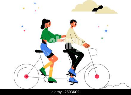 Paare, Die Tandem-Fahrrad In Der Flachen Vektor-Illustration Reiten, Die Outdoor-Aktivität, Spaß Und Zweisamkeit Symbolisiert, Isoliert Auf Weißem Hintergrund. Stock Vektor