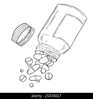 Pillen verschüttet von der Illustration des Flaschenvektors. Tablettenpillen-Konzept in Farbe. Stock Vektor