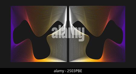 Bunte weiße, braune und lila wellige Streifen, Linien, die zwei transparente mehrfarbige 3D-wellenförmige quadratische Formen bilden, transparente leere Würfel – Design Te Stock Vektor